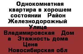 Однокомнатная квартира в хорошем состоянии › Район ­ Железнодорожный › Улица ­ Владимировская › Дом ­ 3а › Этажность дома ­ 9 › Цена ­ 11 500 - Новосибирская обл., Новосибирск г. Недвижимость » Квартиры аренда   . Новосибирская обл.,Новосибирск г.